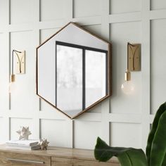 a mirror hanging on the wall next to a wooden dresser with a potted plant