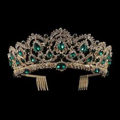 Vintage Handmade Rhinestone Womens Tiaras | Bridelily - Gold Green - tiaras Baroque Wedding, Hair Accessories Tiara, Pageant Crowns, Hair Accessories Vintage, Flower Crown Hairstyle, Crown For Women, Crystal Bridal Tiaras, Rhinestone Tiara, Crystal Crown