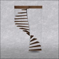 a spiral staircase made out of wood and metal with strings hanging from the top, on a gray background