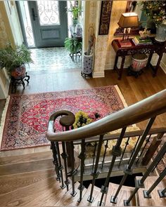 an aerial view of a stair case with rug and potted plants on the floor