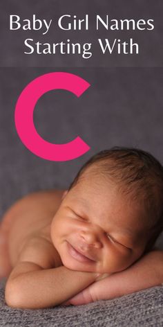 a baby is smiling with the letter c on it's chest and its name in pink