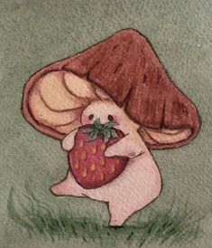 a drawing of a little bunny holding a strawberry in its mouth and wearing a mushroom hat