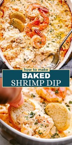 baked shrimp dip in a white casserole dish with crackers on the side