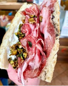 a close up of a person holding a sandwich with meat and toppings on it