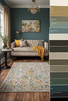 a living room with blue walls and wood flooring, including a gray couch in the middle