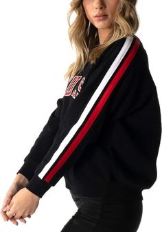 Make your way to the big game in this Chicago BullsWomens Black Perforated Crew Sweatshirt! This Bulls Long Sleeve Sweatshirt features a screen print team name on center chest and team logo on back. Stay warm and comfortable with this Womens Chicago Bulls Crew Sweatshirt. Soft hand, Side sleeve stripe, Finished hem, 73% Cotton, 27% Polyester, 4 Black Athleisure Tops For College, Black Varsity Top For Game Day, Black Sweatshirt For Game Day In Fall, Sporty Black Tops For College, Black Sweatshirt For Sports, Sporty Tops With Ribbed Cuffs For Game Day, Black Team Spirit Sweatshirt For Sports, Athleisure Tops For Winter Game Day, Black Varsity Sweatshirt For Sports