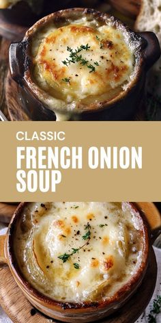 french onion soup in a brown bowl on a wooden board with the title classic french onion soup