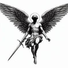 Angel Warrior Tattoo, Angle Tattoo, Cupid Tattoo, Archangel Tattoo, Statue Tattoo, Angel Tattoo Designs, Back Tattoos For Guys