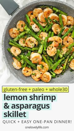 lemon shrimp and asparagus skillet with text overlay