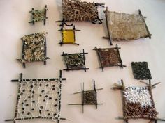 there are many different types of weavings on the table together, including square ones with holes in them