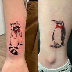 two tattoos on the arms of people with penguins and raccoons in their mouths