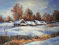 an oil painting of a winter scene with a barn in the distance and trees on the other side