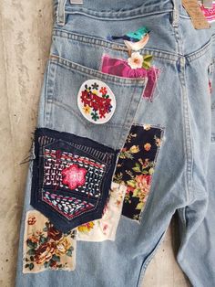 "Ready to send:Size-34, 33,32,31,36 unique vintage jeans One of a kind.. Hand made embroidery and unique patches. ---Or---- Made to order, in any size, within 15 working days . If you need different size, please send me a message and I will make you a special and unique design within 15 working days. They are all different! No one will have the same one as you have! Hand painted, one of kind jeans. You pick your size, model (slim- boyfriend- high waist- low waist) and primer color and you will g Mid-rise Denim Jeans For Festival, High Rise Denim Jeans For Festivals, Vintage Jeans With Patch Pockets For Spring, Spring Vintage Jeans With Patch Pockets, Festival Straight Leg Denim Jeans, Recycled Denim Straight Leg Jeans With Patches, Straight Leg Jeans With Patches In Recycled Denim, Straight Leg Recycled Denim Jeans With Patches, Bohemian High Rise Medium Wash Jeans