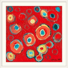 an abstract painting with red, blue and yellow circles on a red background framed in wood