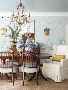 a dining room with blue and white decor