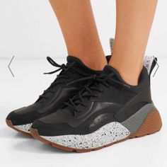 Size 36 In Women’s (Size 6) Black Calf Leather Sneakers With Contrasting Heel, Black Pointed Toe Sneakers With Branded Insole, Chic Leather Sneakers With Studded Rubber Outsoles, Chic Black Leather Sneakers, Stella Mccartney Sneakers, Boho Chic Accessories, Stella Mccartney Dresses, Stella Mccartney Shoes, Menswear Runway