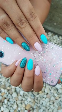 Oval Beach Nails, Turquoise Pink Nails, Cute Short Acrylic Nails Round, Summer Nails Almond Shape Short, Pink Turquoise Nails, Blue Beach Nails, Nails Lilac