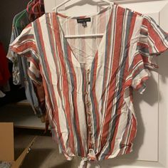 Perfect Condition - Never Worn Message For Questions! Casual Brown Top With Button Closure, Casual Brown Tops With Button Closure, Casual Striped Button-up Tops, Cute Button-up Tops For Day Out, Cute Striped Fall Tops, Cute Striped Tops For Fall, Multicolor Tops With Button Closure For Day Out, Brown Tops With Button Closure For Day Out, Striped V-neck Top With Buttons