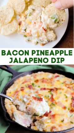 bacon pineapple jalapeno dip in a cast iron skillet with tortilla chips