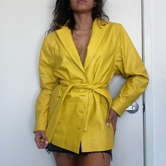 Real Leather Blazer By Song Of Style. Meant To Fit A Bit Oversized Yellow Fall Blazer, Trendy Long Sleeve Yellow Blazer, Trendy Yellow Long Sleeve Blazer, Chic Yellow Blazer For Fall, Trendy Yellow Blazer For Fall, Chic Yellow Fall Blazer, Trendy Yellow Spring Blazer, Spring Yellow Blazer With Pockets, Trendy Yellow Outerwear For Work