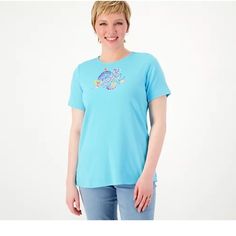 Bnib Nwot, Aqua, 3xl, Photo From Qvc Website A600367 Bye-Bye Basic Tee! Say Hello To This Short Sleeve Top That's Delightfully Detailed With Beach-Themed Motifs. Its Carefree Comfort And Vacay Vibes Make It The Perfect Companion For Seaside Adventures And Relaxing Stay-Cations. From Quacker Factory. Fabrication: Knit Features: Round Neckline, Short Sleeves, Side Vents Fit: Semi-Fitted; Follows The Lines Of The Body With Added Wearing Ease Length: Missy Length 26-1/2" To 28-5/8"; Plus Length 29" Casual Blue Top For Vacation, Blue Relaxed Fit Top For Vacation, Blue Short Sleeve T-shirt For The Beach, Playful Short Sleeve T-shirt For Beach Season, Playful Soft-washed Short Sleeve T-shirt, Blue Soft-washed Short Sleeve T-shirt, Vacay Vibes, Turquoise Cotton Short Sleeve T-shirt, Aqua Color