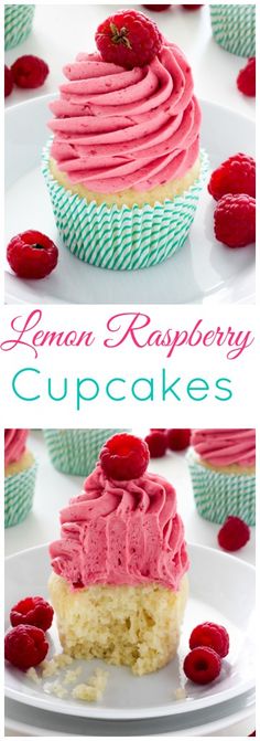 a cupcake with pink frosting and raspberries on top is shown in two different views