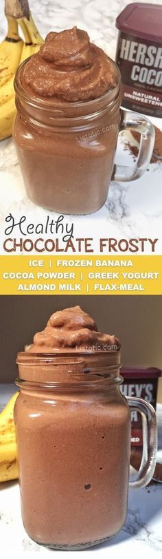 chocolate frosty in a jar with bananas next to it and the same product behind it