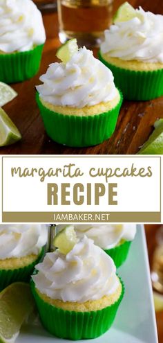 margarita cupcakes are topped with whipped cream and lime