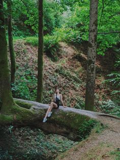 a woman sitting on top of a fallen tree in the middle of a lush green forest