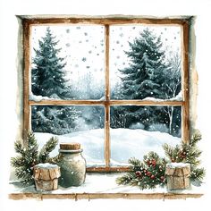 a watercolor painting of a snowy scene with evergreens and pine cones in front of an open window