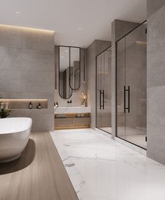 a modern bathroom with marble flooring and white bathtub in the center, along with large mirrors on the wall