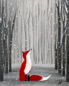 a painting of a red fox sitting in the middle of a forest with snow falling