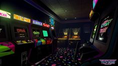 a video game room with arcade machines and neon lights