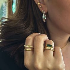 Emerald Stacker Ring | Rune and Light Green Emerald Gold Ring, Emerald Stacking Ring, Ring Stack Aesthetic, Stacked Rings Aesthetic, Emerald Green Aesthetic, Ring Stack Gold, Red Means, Emerald Statement Ring, Cool Ring