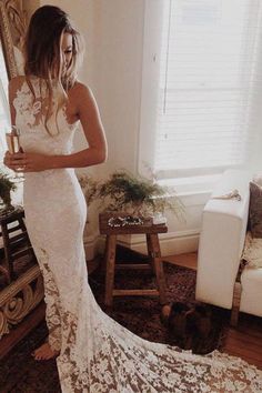 Awesome Lace Open Back Beach Mermaid Wedding Dress - Wedding Dresses High Neck Lace Wedding Dress, Sleeveless Wedding Dresses, How To Dress For A Wedding, Outfits Fo, Wedding Dresses Uk, High Neck Wedding Dress, Neck Wedding Dress, Open Back Wedding Dress, Back Wedding Dress