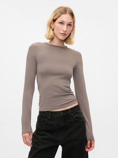 Soft, stretch cotton-blend jersey T-shirt.  Crewneck.  Long sleeves.  Fit: Stretch-to-Fit.  Slim & stretchy that forms to your shape.  Hits at the hip.  Models wearing Gap Plymouth Rock, Wishlist 2024, Jersey T Shirt, Plymouth, New Woman, Stretch Cotton, Baby Toddler, Gap