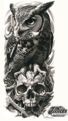 an owl sitting on top of a skull