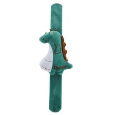 a stuffed horse hanging from the side of a green pole with its head on it's end