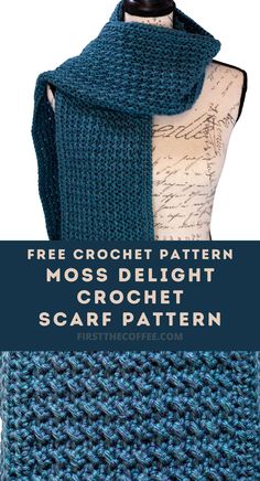 a crocheted scarf with the text free crochet pattern moss delight, croche