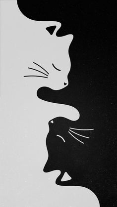 a black and white drawing of two cats with their heads touching each other's noses