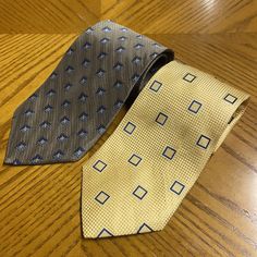 Bundle Includes 2 Ties One Tan With A Blue Square Pattern And Another Yellow With A Blue Square Pattern. Ties Are 100% Silk, Like New, Never Worn, Nice Ties! Yellow Classic Ties For Summer, Classic Yellow Ties For Summer, Blue Square, Square Pattern, The 100, Bundles, Mens Accessories, Like New, Man Shop