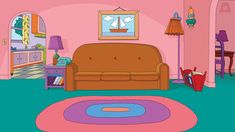 a cartoon living room with pink walls and furniture