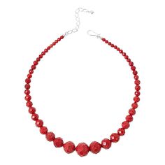 Jay King Sterling Silver Red Coral Graduated Bead 18" Necklace Add rich, red color and texture to your neckline with this handcrafted, coral bead necklace. Its faceted beads and classic silhouette makes a chic, stylish statement anytime. From Jay King.       Approx. 18"L x 11/16"W with 2-3/4" extender     Stamped .925     Hook closure     Necklace has faceted, round red coral beads strung in graduated silhouette   Stone Information       All sizes and weights approximate     Stabilized Compressed Color-Enhanced Red Coral - Faceted round (5-18mm); harvested in Indonesia Red Crystal Necklace With Gemstone Beads, Red Crystal Necklaces With Gemstone Beads, Red Coral Necklaces For Party, Red Coral Necklace For Party, Elegant Red Faceted Necklace, Red Faceted Round Necklace, Red Faceted Round Necklaces, Red Gemstone Beads Necklace For Party, Elegant Red Coral Beaded Necklace With Faceted Beads