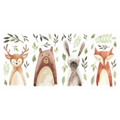 three watercolor animals with leaves and plants on the sides, one has an antelope, the other is a bear