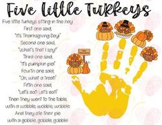 a thanksgiving poem with handprints and turkeys on the palm for five little turkeys