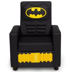 a black and yellow chair with a batman symbol on it