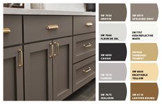 a kitchen with gray cabinets and gold pulls on the handles, drawers, and cupboards