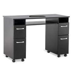 an office desk with two drawers on wheels