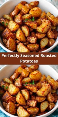 two bowls filled with roasted potatoes on top of a blue table cloth and the words perfectly seasoned