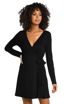 A surplice V-neckline and strategic draping give this wrap-style dress a flattering silhouette. Surplice V-neck Long sleeves True wrap style with side tie closure 95% rayon, 5% spandex Hand wash, line dry Imported Swimsuit Material, Best Swimsuits, Swimsuit Dress, Dress Cover, Long Sleeve Mini, Swimsuit Cover, Long Sleeve Mini Dress, Xl Dress, Above The Knee